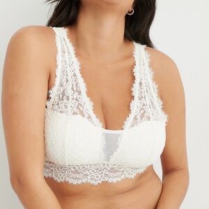 {Aerie} White Eyelash Padded Plunge Razorback Lace Bralette | S